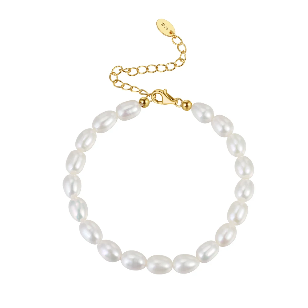 RINNTIN GPB11 Best Quality 5- 6mm White Beaded Bracelet 925 Sterling Silver White FreshWater Pearl Bracelet for Women