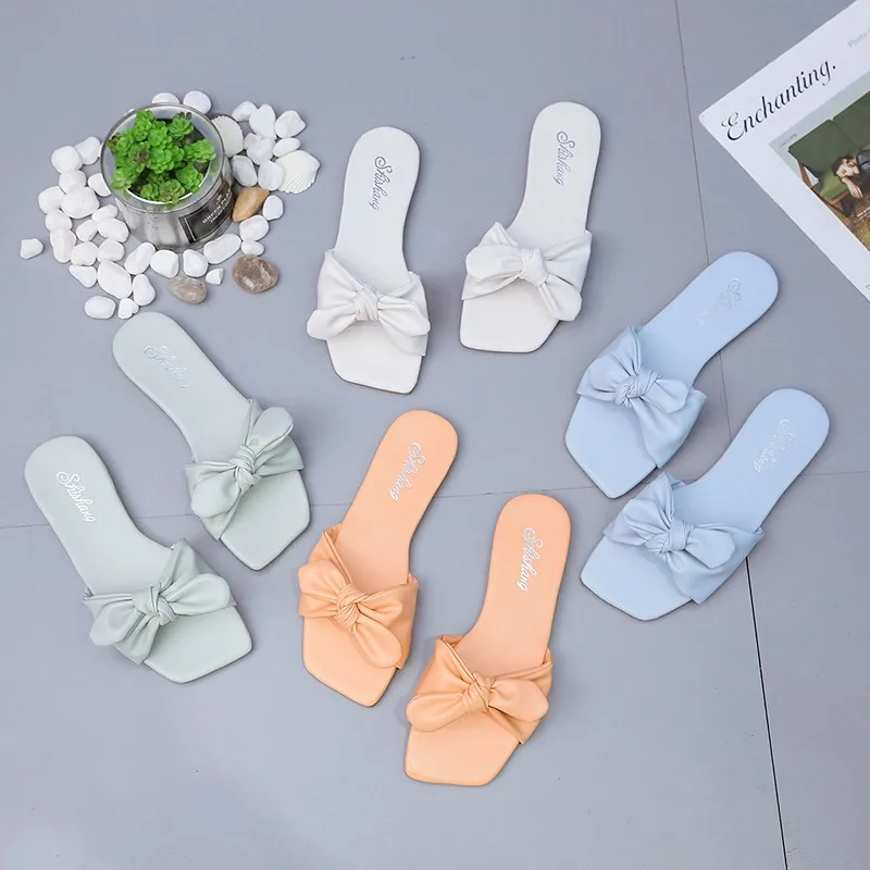 

Bow French romantic flat sandals slippers 2021, Orange,beige,green,blue