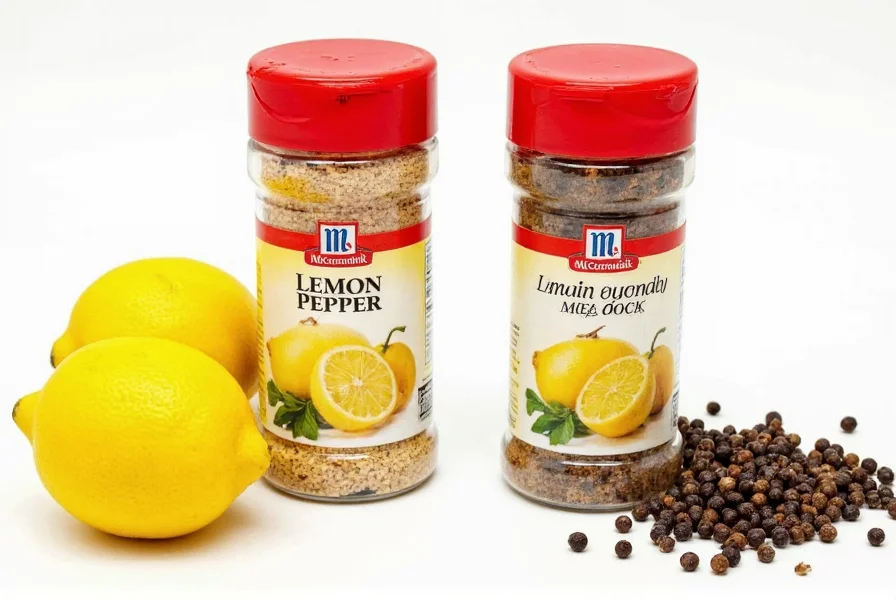 McCormick Lemon Pepper bottle next to fresh lemons and black peppercorns showing comparison of commercial blend and fresh ingredients