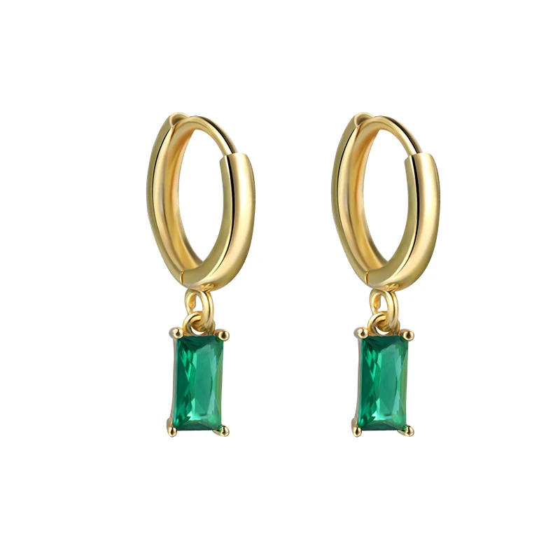 Hot Selling rectangle Cubic Zirconia Drop Huggie Earrings Silver Gold Plated Green Zircon baguette Earrings Hoop