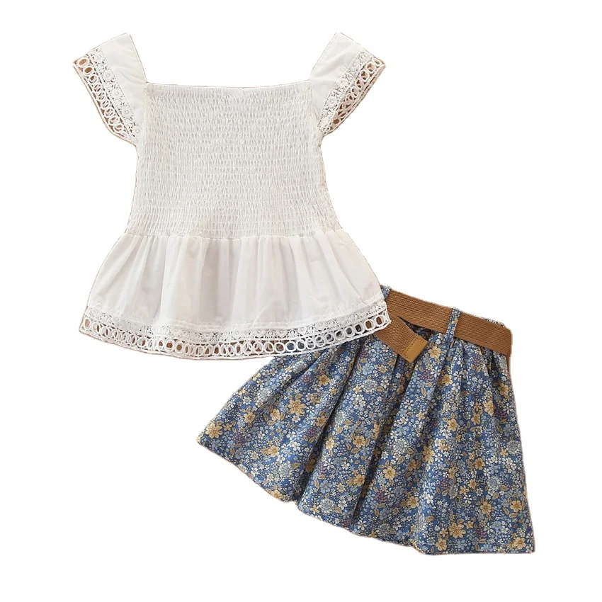

2020 summer dress sweet suit white shirt broken flower skirt belt fresh 2 piece baby girl clothing set for wholesale, As pic shows, we can according to your request also