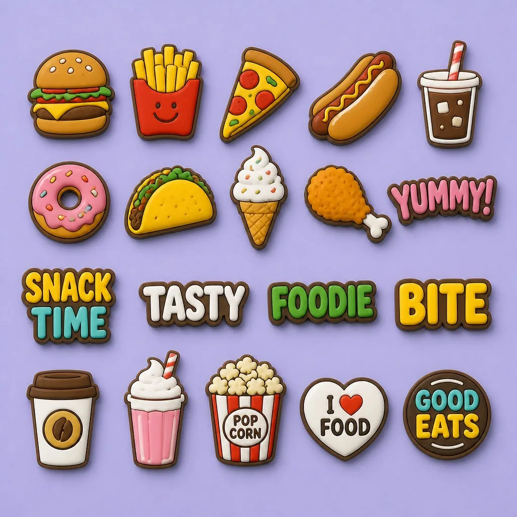 Complete food and slogan charm library laid out as an assortment