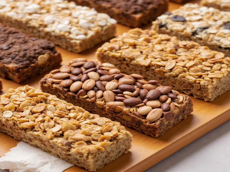 Assortment of homemade granola bar flavors on wooden board