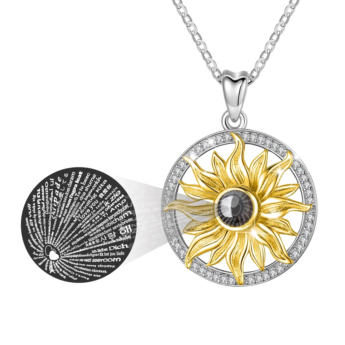 

Merryshine Sunflower 925 Sterling Silver 100 Language I Love You Projection Pendant Necklace, Silver/gold