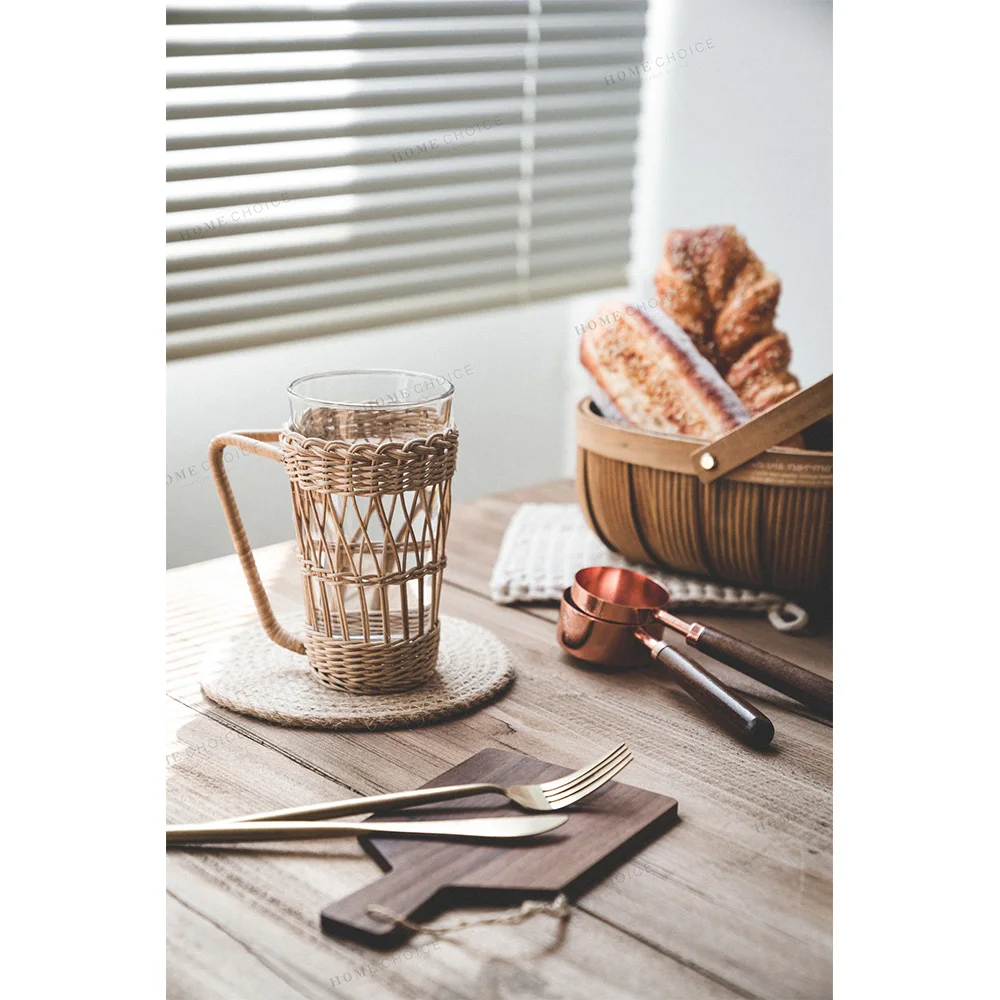 

Creative Hot Selling Glass Coffee Glass Cups With Rattan Sleeve Glass Coffee Mugs With Handmade Cane Cup Holder, Natural