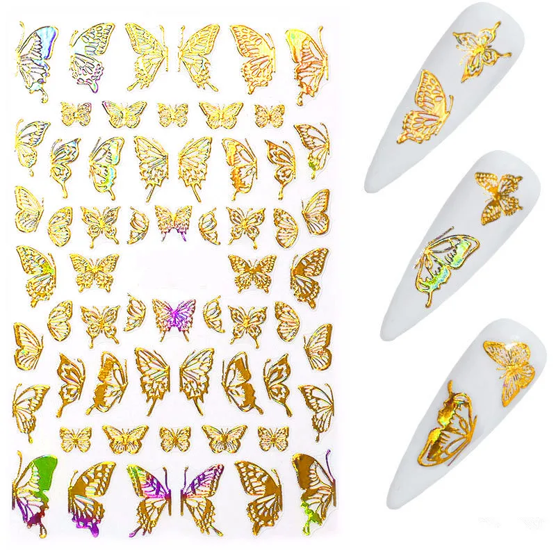 

New Style 3D Laser Gold Silver Nail Art Sticker Butterfly Nail Decals Sticker