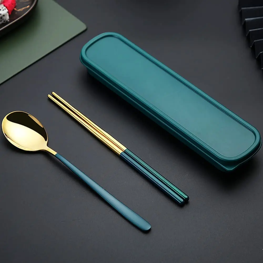 

Portable Reusable Silverware Gift Box Outdoor Camping 304 Stainless Steel Spoon Chopsticks Flatware Travel Cutlery Set, Pink,green,blue,sliver,gold,customizable