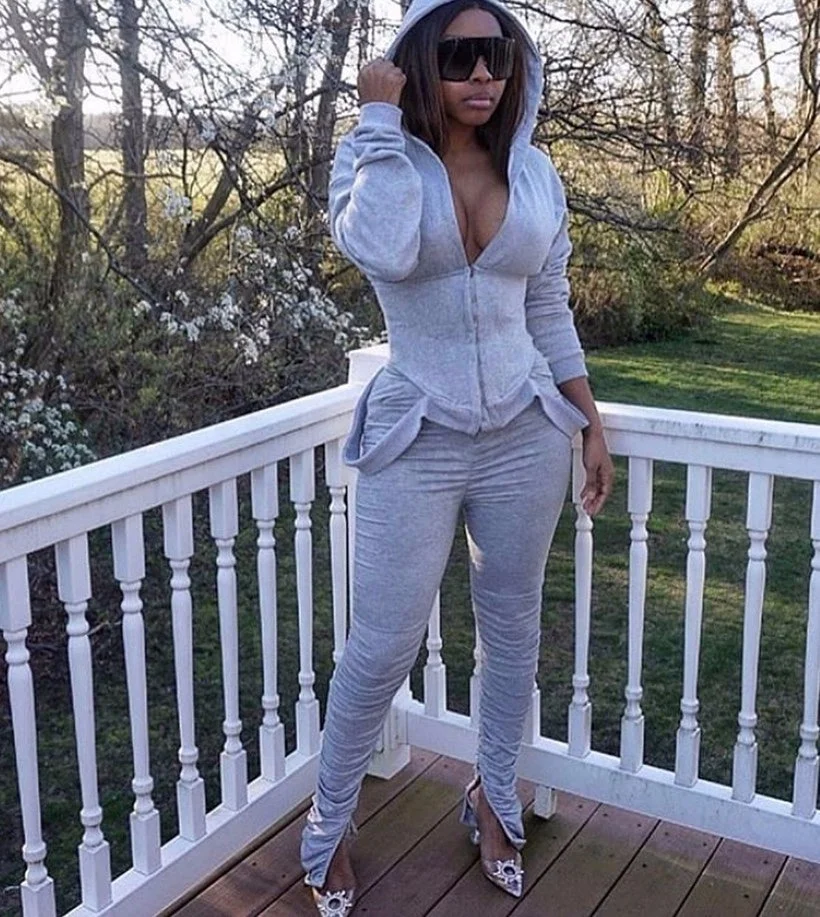 

X00724M PZF fashion personality two-piece casual plain color pleated hoodie suit two-piece set