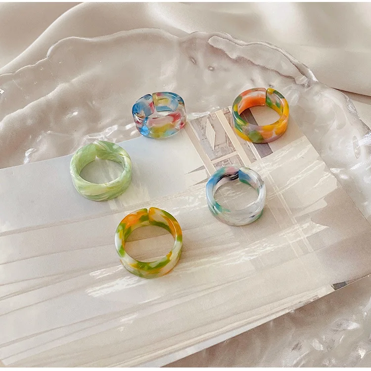 

2021 Hot Selling 5PCS/SET Candy Color Acrylic Marble Texture Design Adjustable Open Ring, As the pictures