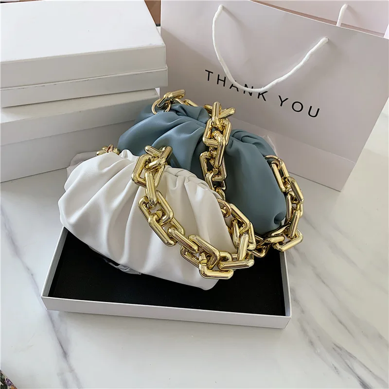 

women fashion handbags shoulder cloud bag with gold thick chain Ruched bag handbag, As picture