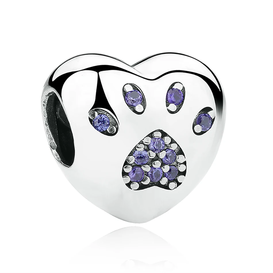 

New Arrivals 925 Sterling Silver Heart shape Paw print Charm Beads With Purple Cubic Zirconia