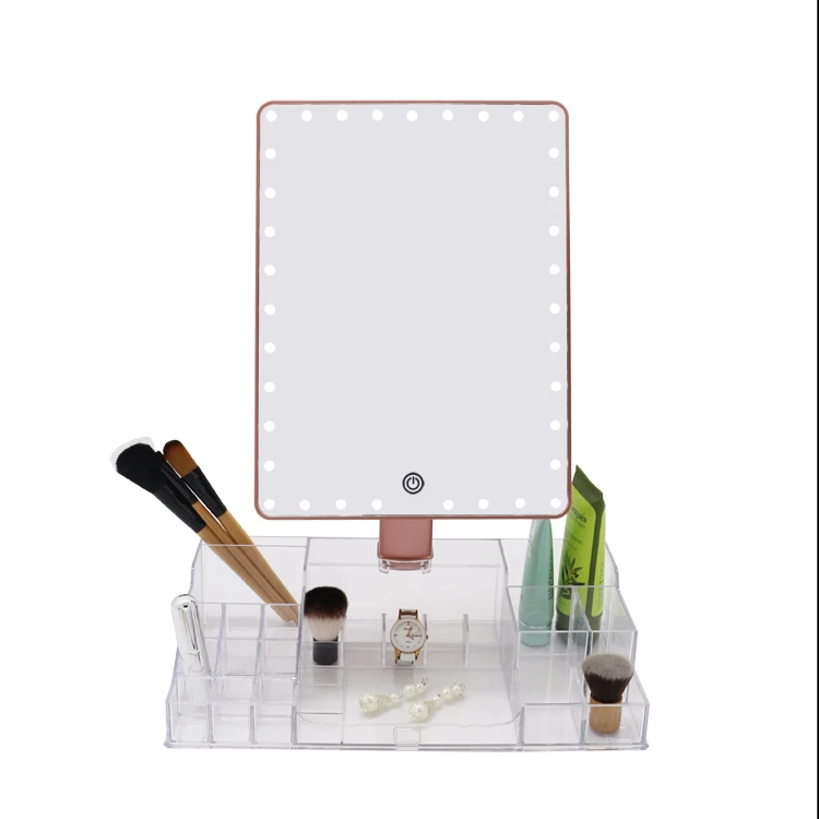 

Rotating freely desktop makeup LED lights vanity mirror with Acrylic organizer base