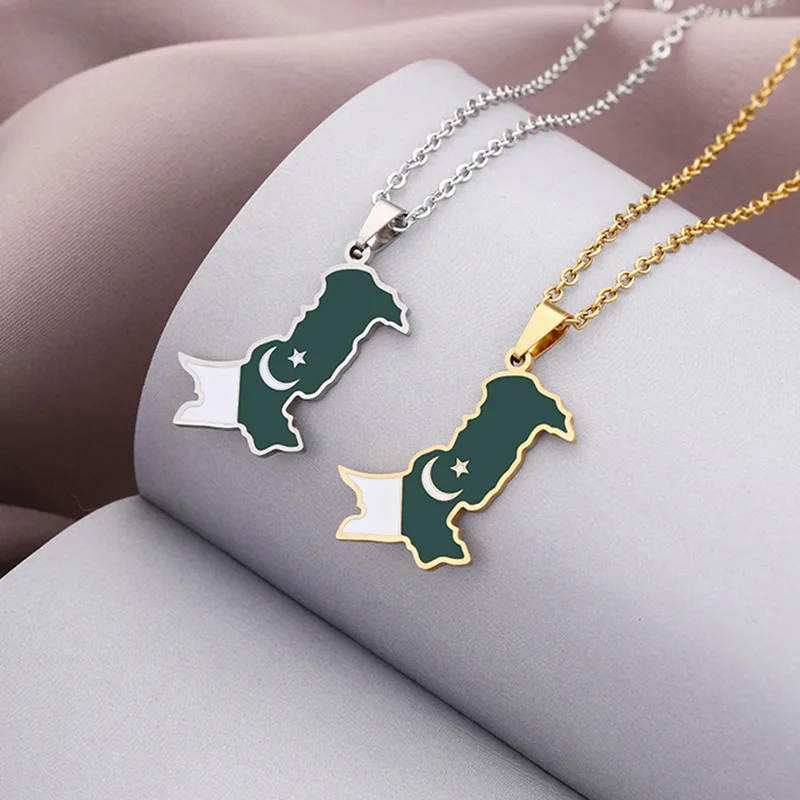 

No Fade 18K Gold Plated Stainless Steel Pakistan Map Necklace Bling Color Drop Oil Pakistan Map Pendant Necklace For Women Men, Gold silver