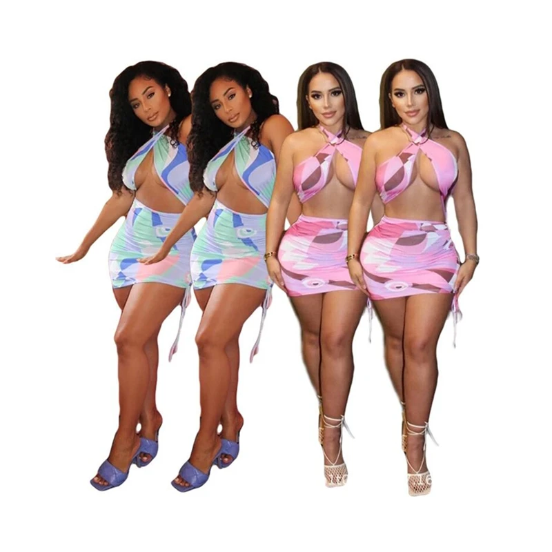 

wholesale brazilian summer hollow print mini dress swimwear beachwear bikini set high waist