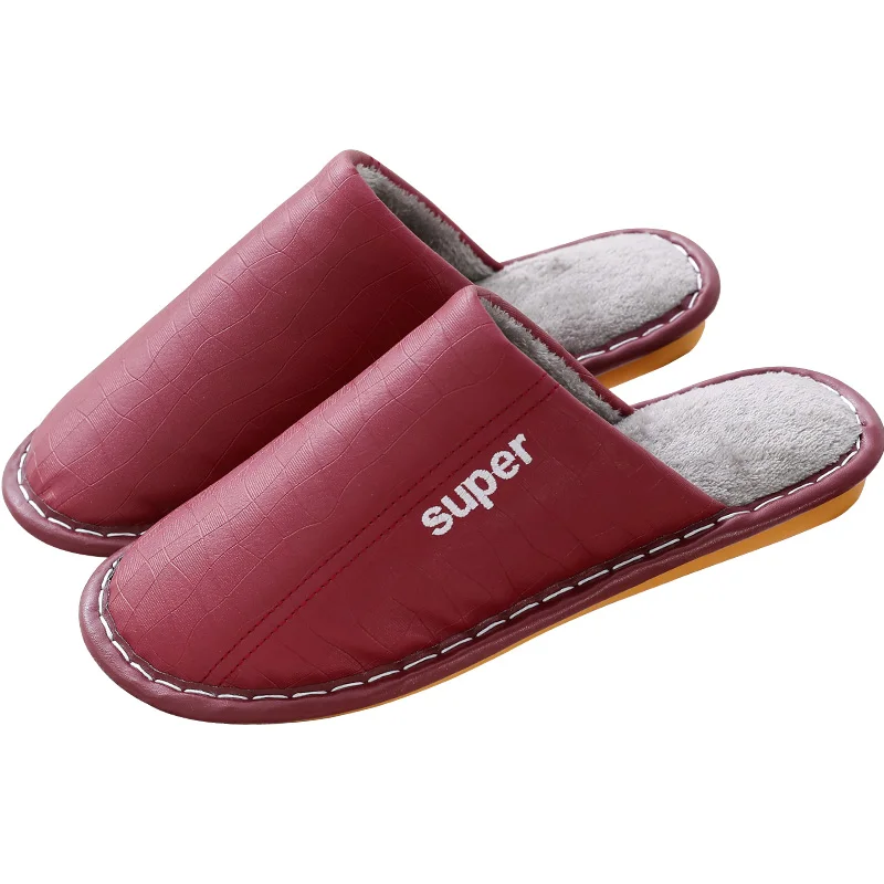 

Couple Leather Cotton Slippers Men Women Indoor Warm Waterproof Slides Soft Soled Anti-Skid Elderly Footwear Winter Fall, Solid color