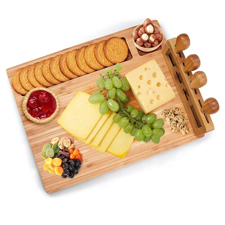 

Bamboo Wooded Cheese Cutting Board With Knife Set, Natural bamboo color