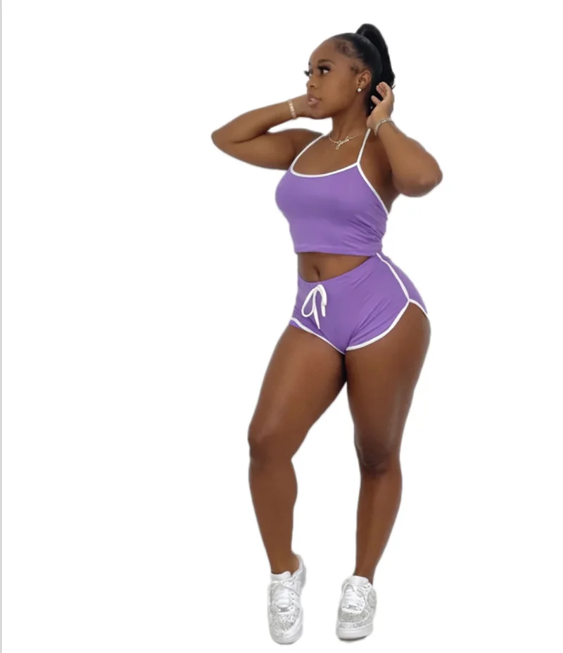 

Casual Solid Women Clothing Halter Crop Tops Shorts Jogger Fitness Tracksuit Two Piece Matching Set
