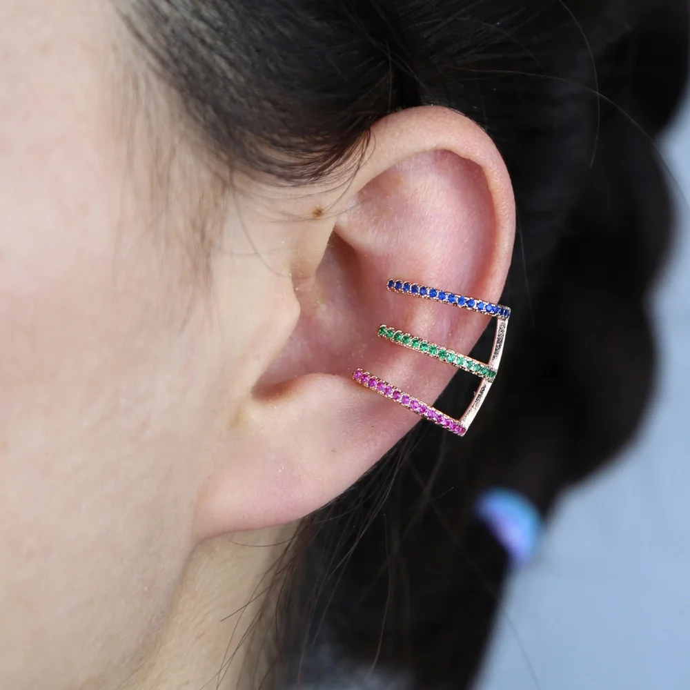 

Rose gold plated women lady ear cuff earring with rainbow cz paved multi band earrings for wedding jewelry wholesale