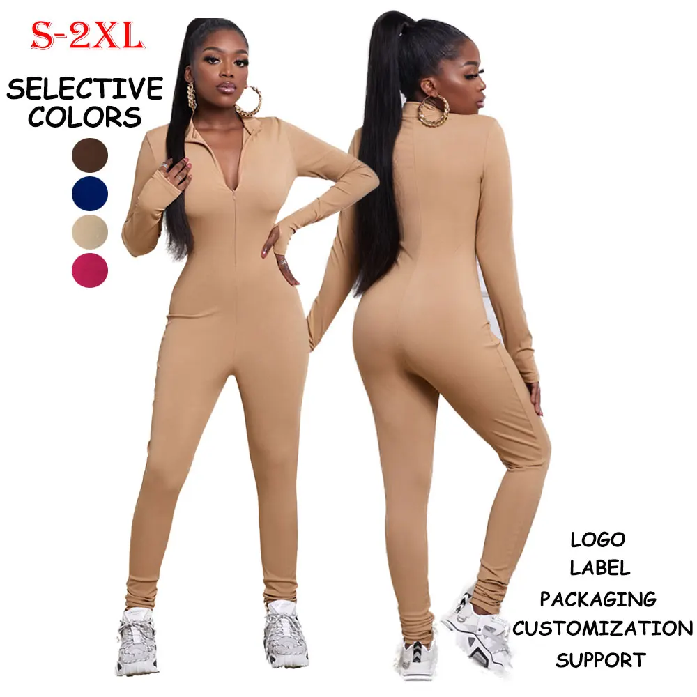 

Custom New Stylish Zipper V Neck One Piece Jumpsuit Workout High Waist Winter Autumn Plus Size Jumpsuit