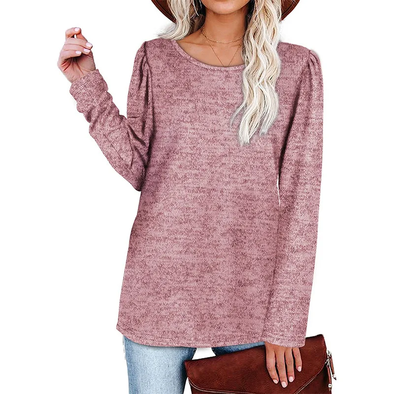 

2021 Trending Women Tops Crew-Neck Solid Color Casual Loose Fold Long Sleeve Tee T Shirt, Picture showed