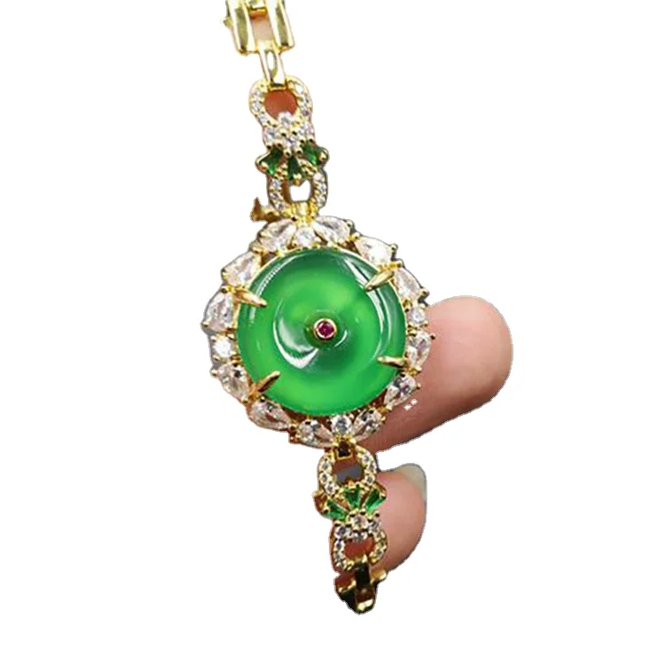 

925 Bright Gold Inlaid Green Chalcedony Safe Buckle Bracelet Chalcedony Hand Row Bracelet