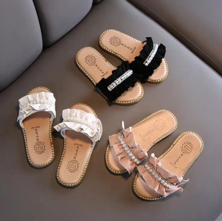 

Summer New Style Children Slippers Pearl Lace Girl Kids Slippers Soft Bottom Non-slip Sandals, Black/white/pink