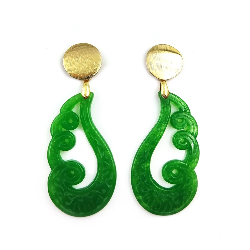 

wholesale cheap popular genuine jade green gemstone teardrop/leaf/feather 18k gold stud earrings dangle hoop earring for women