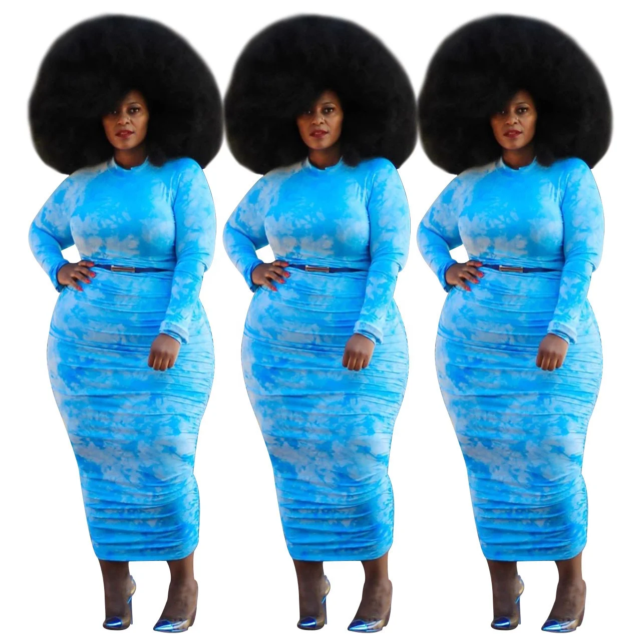 

New fashionable O neck long sleeves printed plus sizes pleated women dress