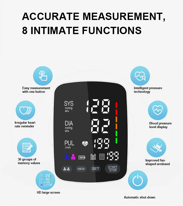 LED Curved Screen CE ISO Approved Factory OEM BP Monitor Automatic BP Machine Electric Digital Upper Arm Blood Pressure Monitor