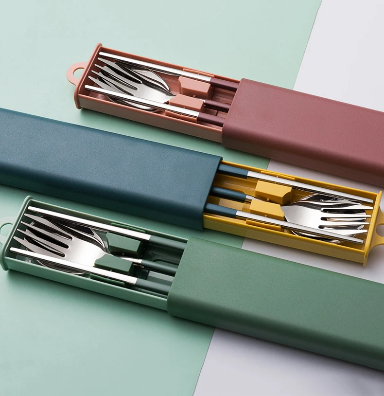

304 Manufacturers Reusable Portable Gift Camping Plated Gold 3 Pcs Plastic Box Flatware Stainless Steel Travel Cutlery Set