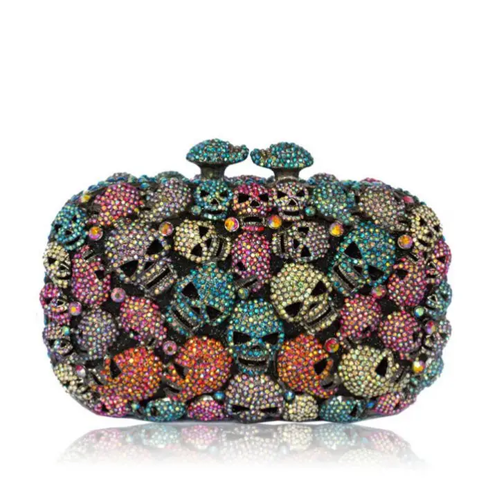 

LEB1152 Colorful evening prom party rhinestone clutch purse multi color crystal party bag in skull shape, As show