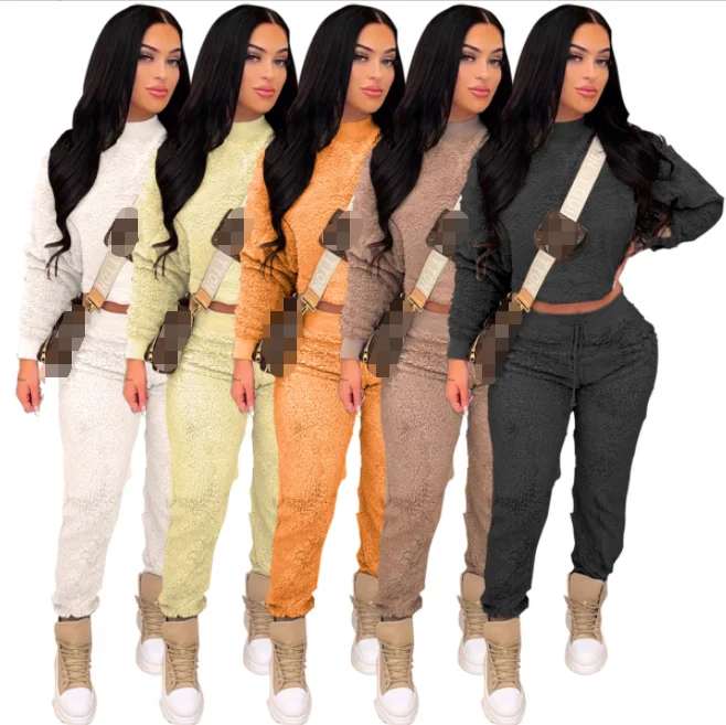 

Womens Winter Clothing 2021 Thick Fleece Two Piece Jogging Set Fleece Crop Top And High Waist Pants Set