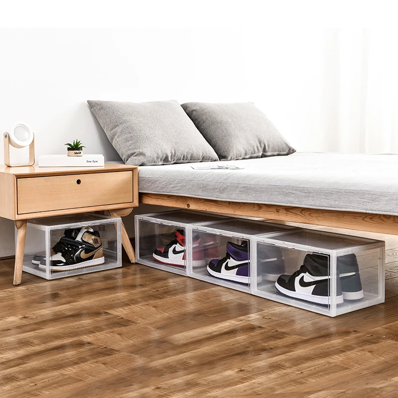 
Side Open Drop Door Steady Stackable Simple Assemble Custom Nike Sneakers Foldable Clear Shoe Storage Box With Magnetic Door 