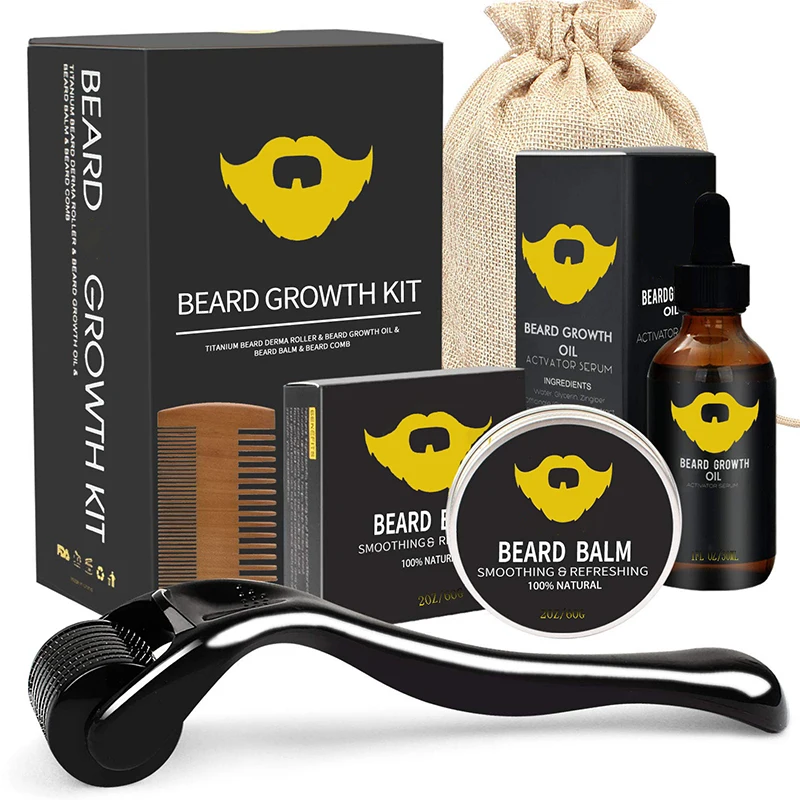 

5 in 1 Professional Men's Grooming Kit With Beard Roller Oil and Balm Beard Growth Kit