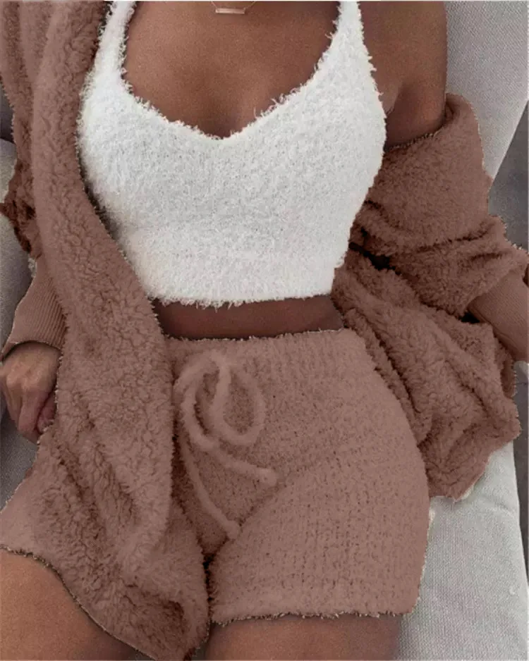 

womens sleepwear best selling monsoon Fashion Women Winter Three-piece suit Pajama Sets Solid Plush Hooded Vest Robe Shorts