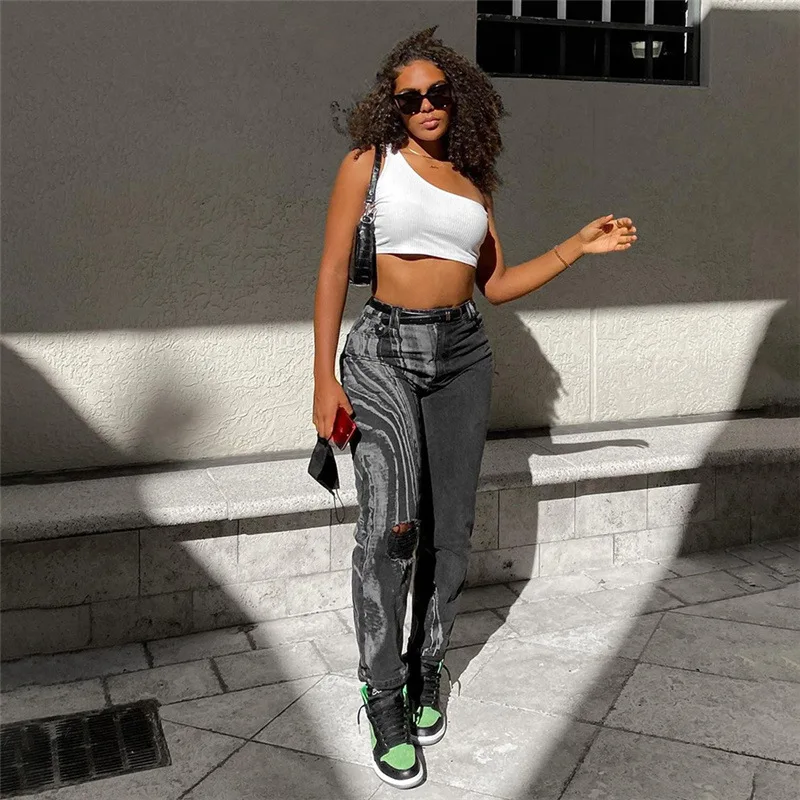 

High Quality Fashion Jeans Denim Pants Stylish High Wasit Distressed Ripped Women Jean, Picture color