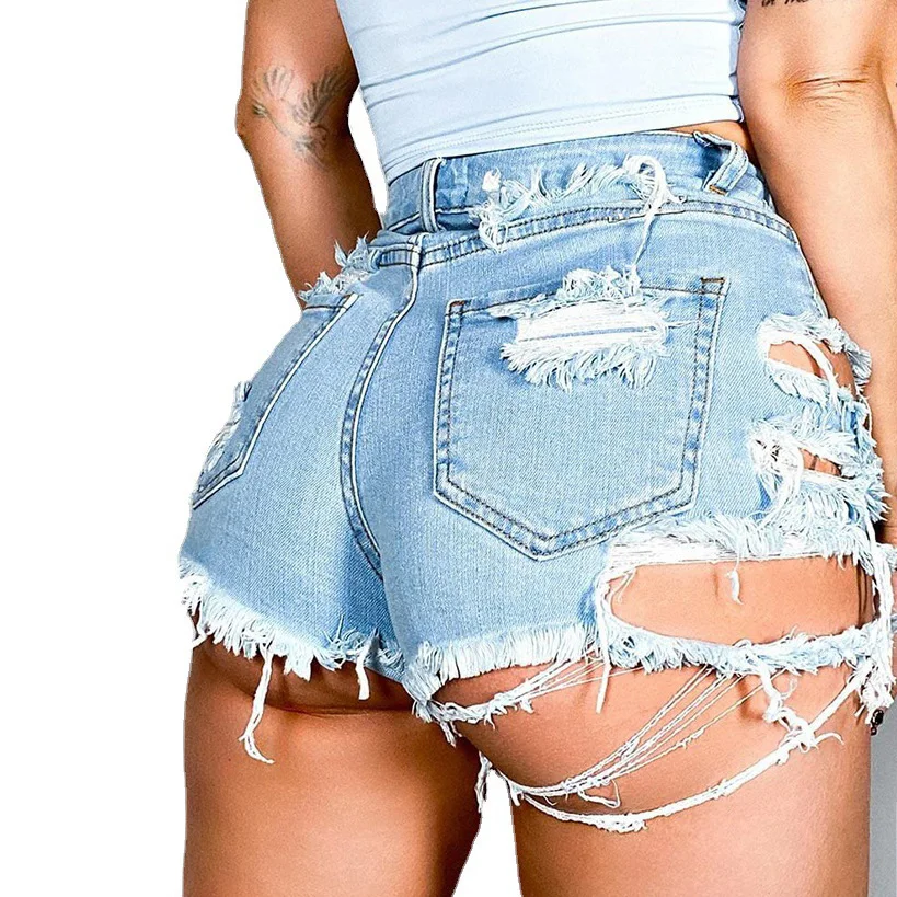 

2021 Summer Distressed Denim Booty Shorts Women Hole Ripped Style Irregular High Waist Raw Jeans Shorts, Pictures showed