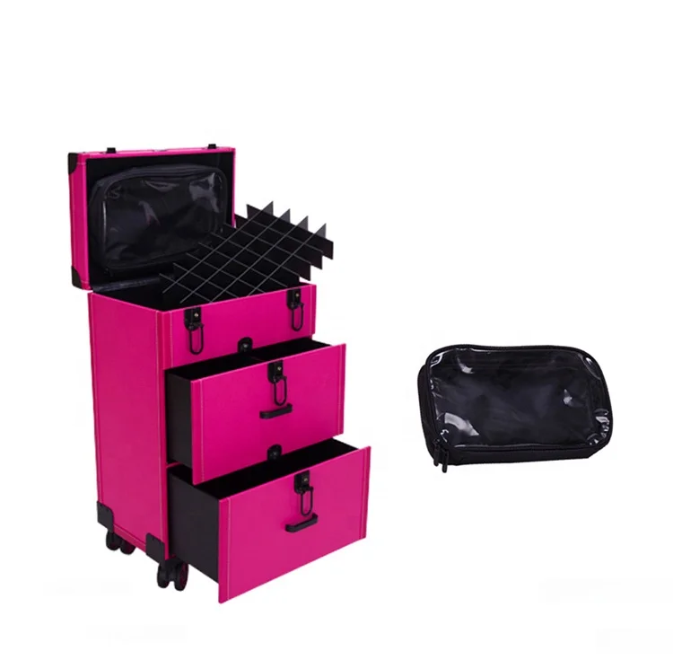 

Miyaup professional rolling trolley cosmetic organizer box with drawers wheels high quality portable makeup vanity case, Pink/purple/black