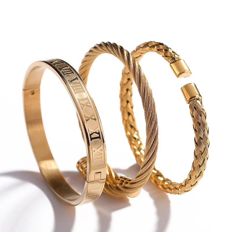 

Newest Design Gold Plated Color Men Bangle Set Bracelet 3Pcs/Set Stainless Steel Cuff Bracelet Roman Numeral Bracelet