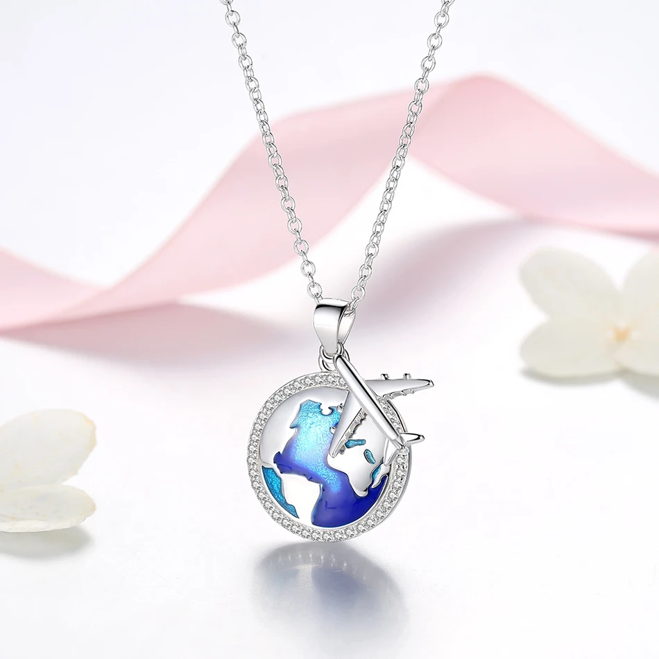 

Wholesale Enamel World Map Pendant Necklace 925 Sterling Silver Airplane Necklace for Woman And Girl Birthday Gift