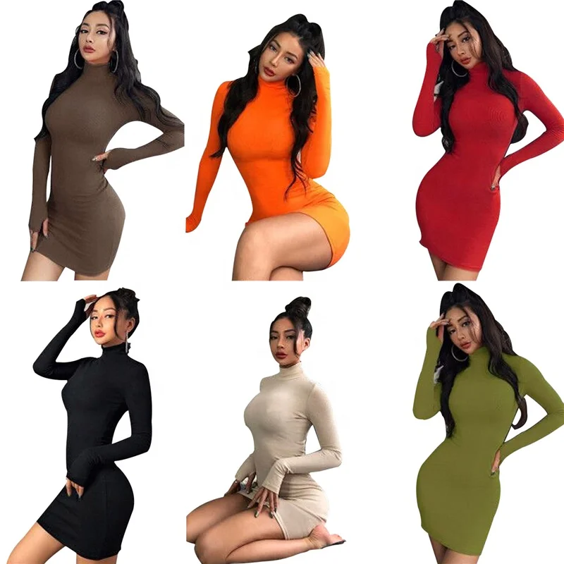 

Turtleneck Bodycon Cotton Long Sleeve One Piece Casual Dress, 9 colors