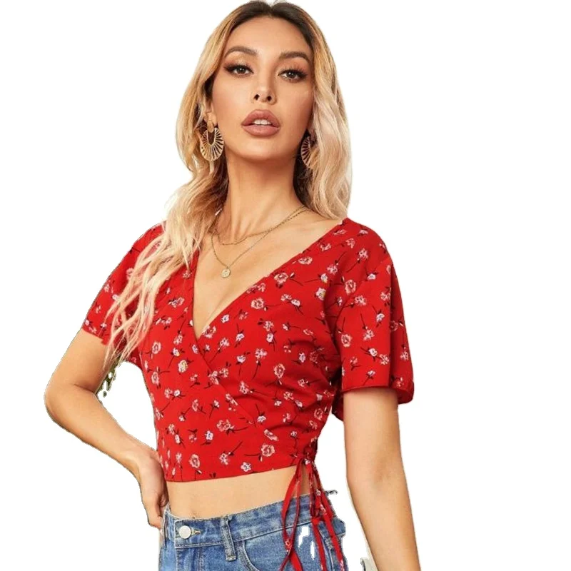 

Woman Chiffon Deep V Neck Short Sleeved Sexy Floral Casual Elegant Blouse Ladies Crop Tops, Red, green, black, maroon, black floral