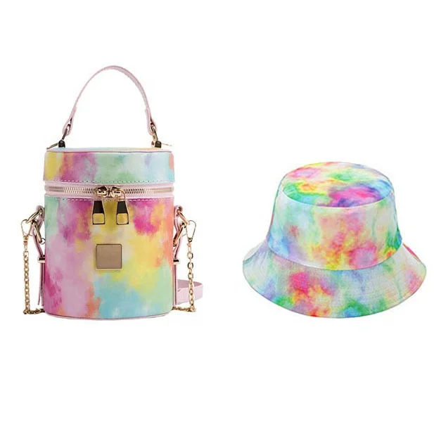 

Wholesale women tie dye bucket handbags bucket hat and purse set