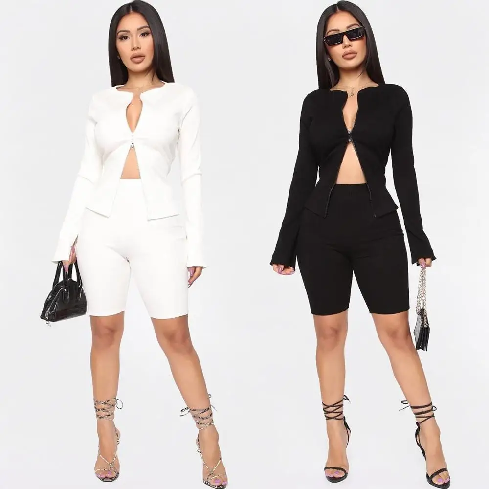 

European and American women's autumn and winter double zipper pit strip long-sleeved top and shorts suit, Pic