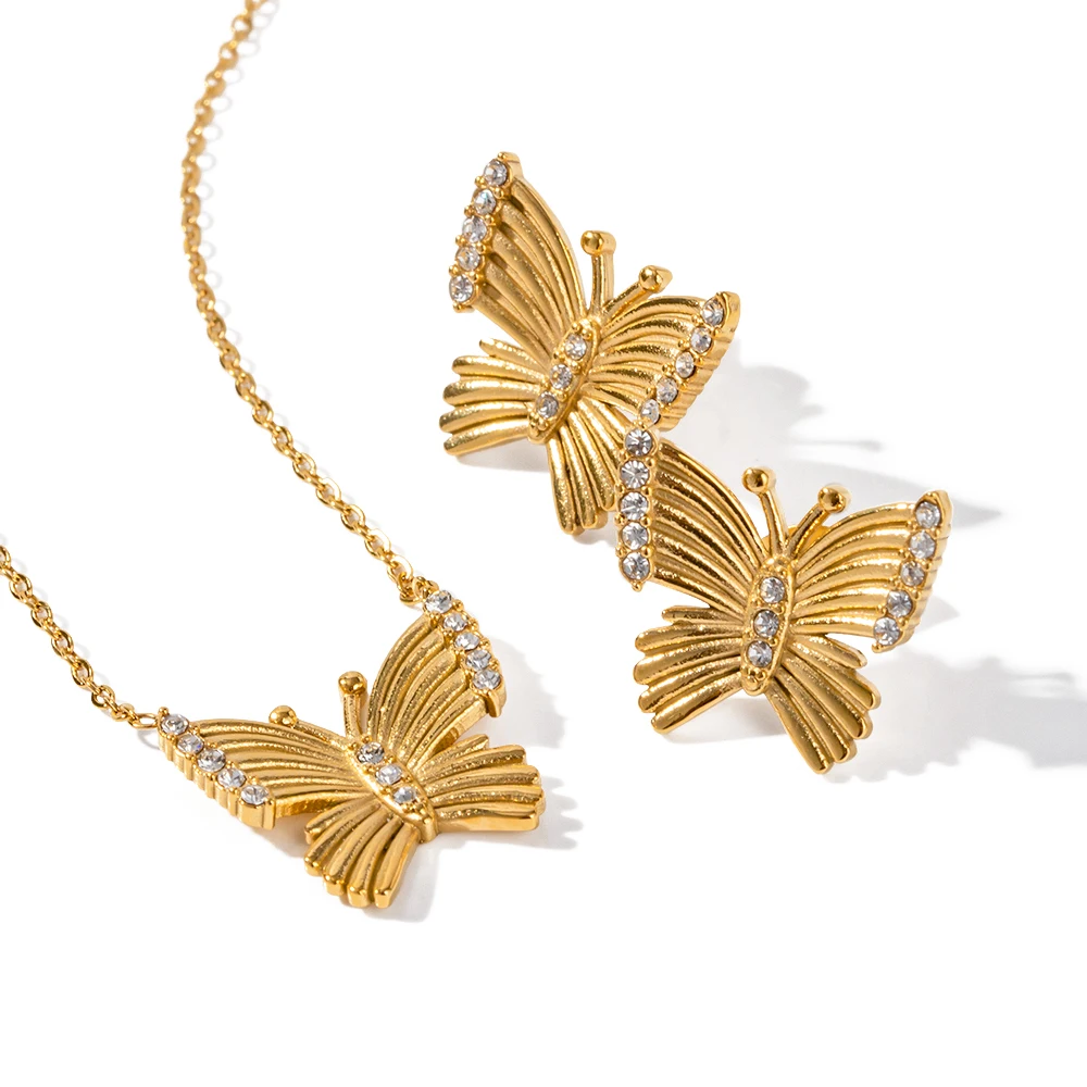 

Waterproof 18K Gold Plated Stainless Steel Cubic Zirconia Texture Butterfly Pendant Earring Necklace for Girls