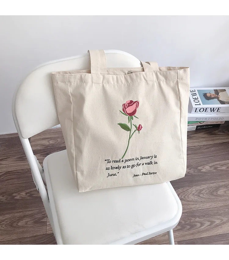 

Summer 2021 New Custom Rose Embroidery Ladies casual Canvas Bag Large Capacity Single Shoulder handbag Wholesale, White