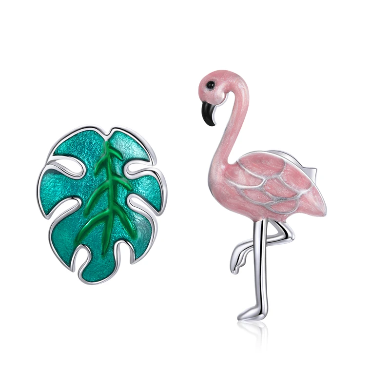 

SCE1124 20021 Hot Sales cute animal earings 925 Sterling Silver flamingo and leaf hip hop earrings