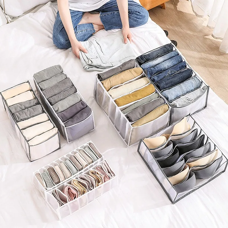 

Underwear Storage Box with Compartments Socks Bra Jeans large size Grids storage Foldable Drawer Organizer, Gray, white,black