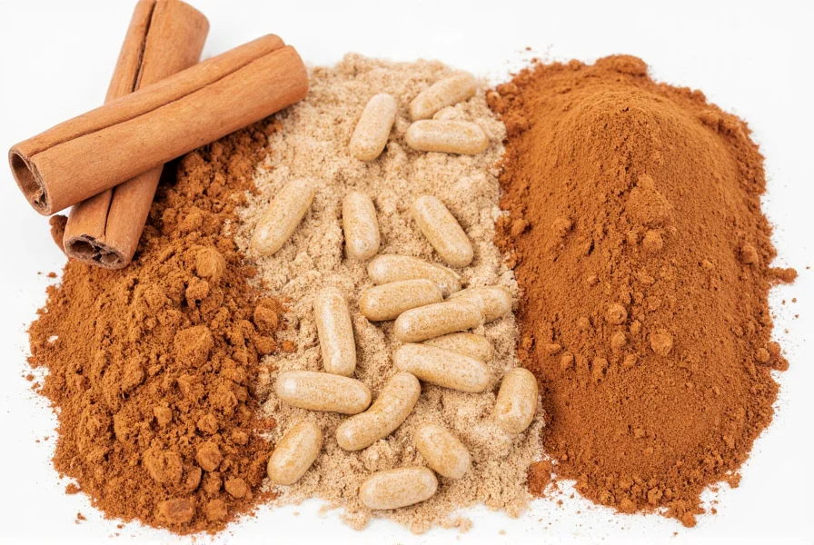 Various cinnamon products including sticks, powder, and capsules for health usage