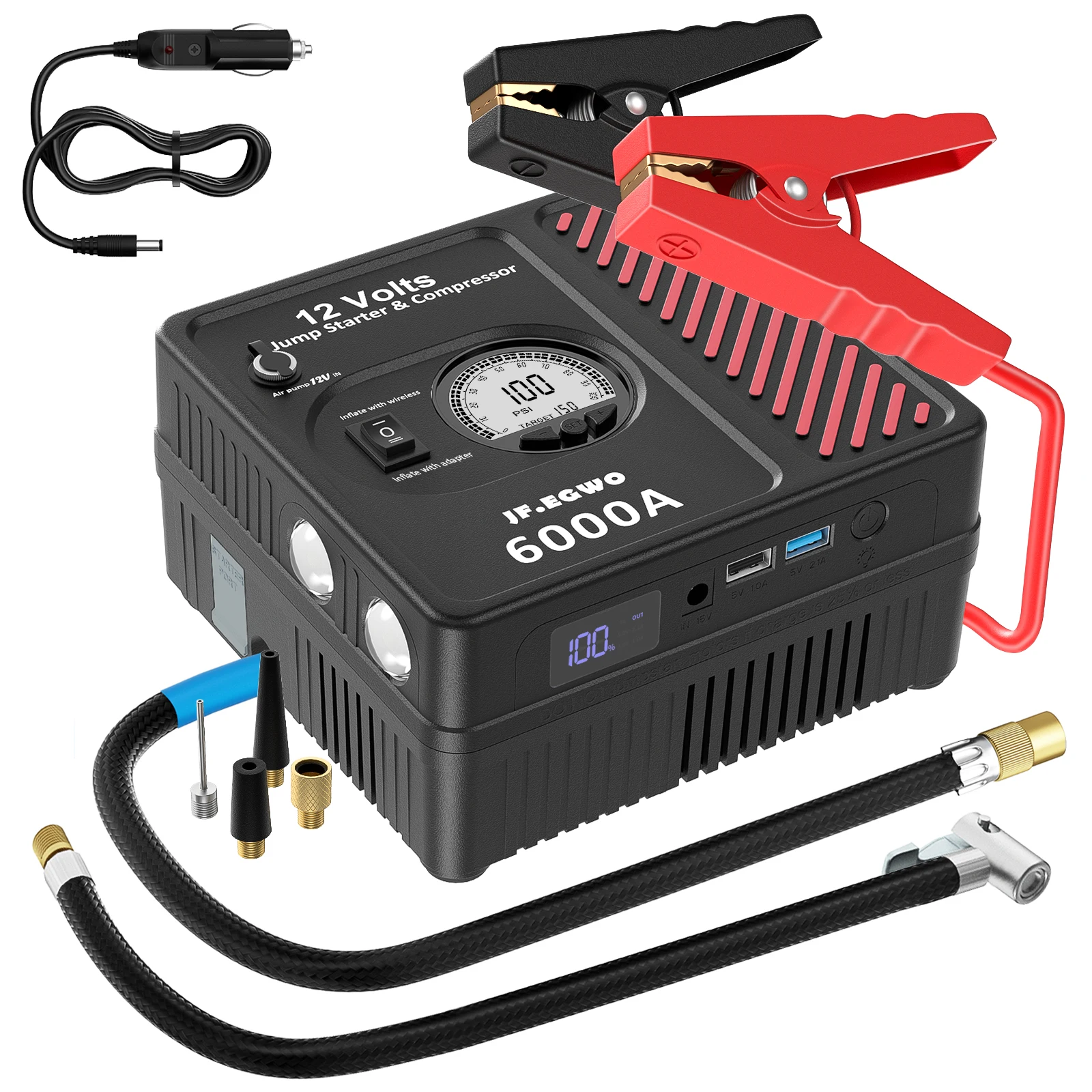 

Fast jump start portable power station multi-functional jump starter with air compressor